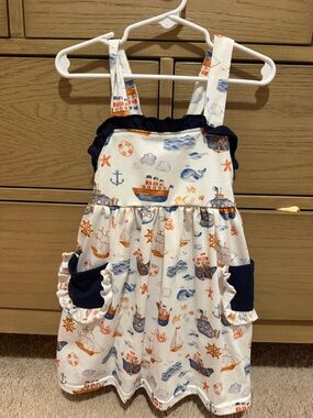 Nautical Print Girls' Casual Sundress - White & Navy